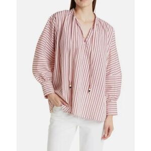 HUGO BOSS Women's Bateco Striped Tie Neck Top in Sienna/Rust NWT Size 4